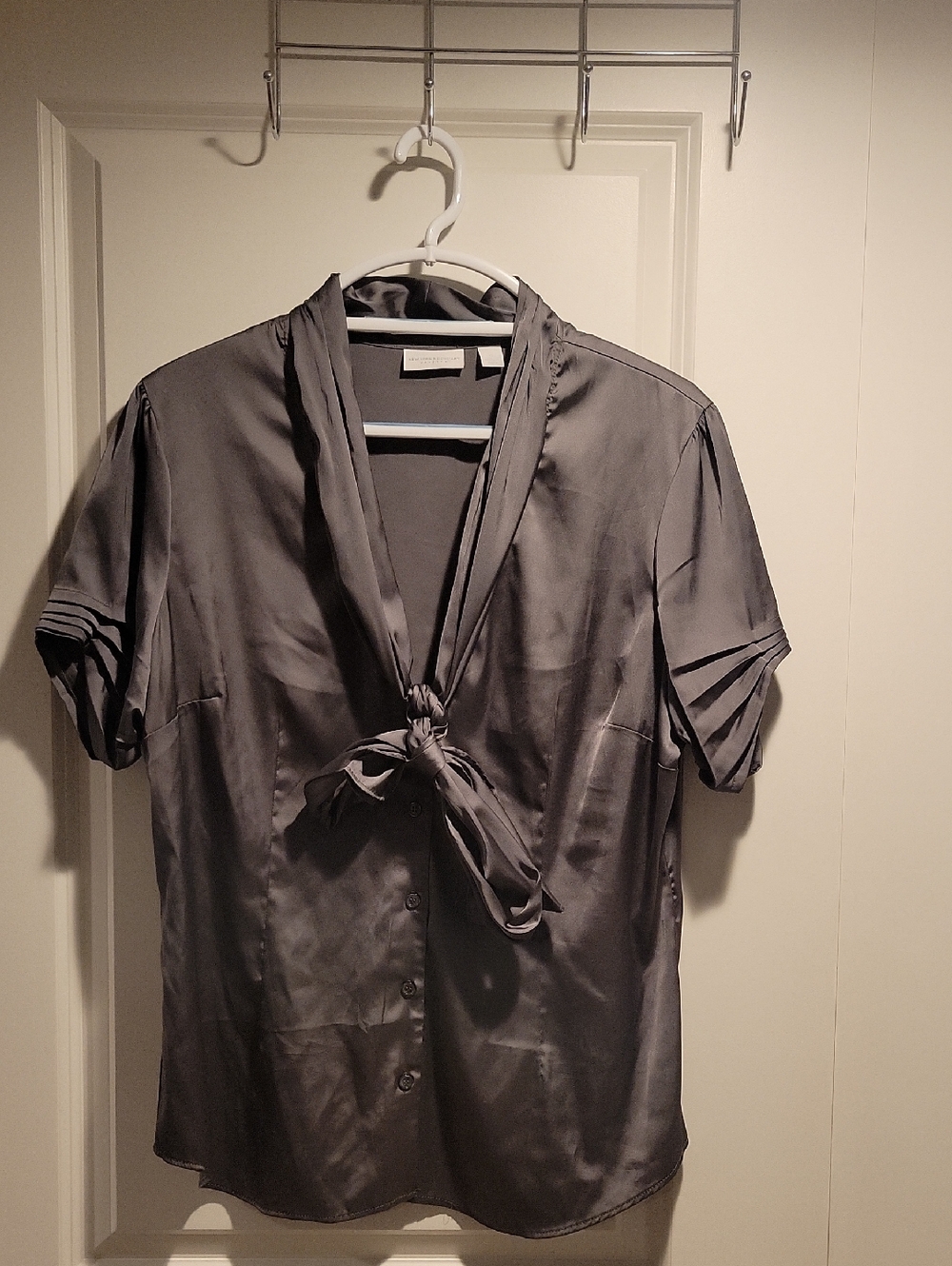 Silky Tie-Neck Blouse in Charcoal Gray